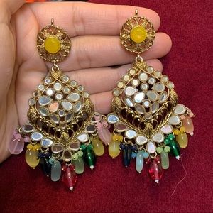 Polki mirror multicolor Pearls beads Indian Bollywood Jewellery studs earrings